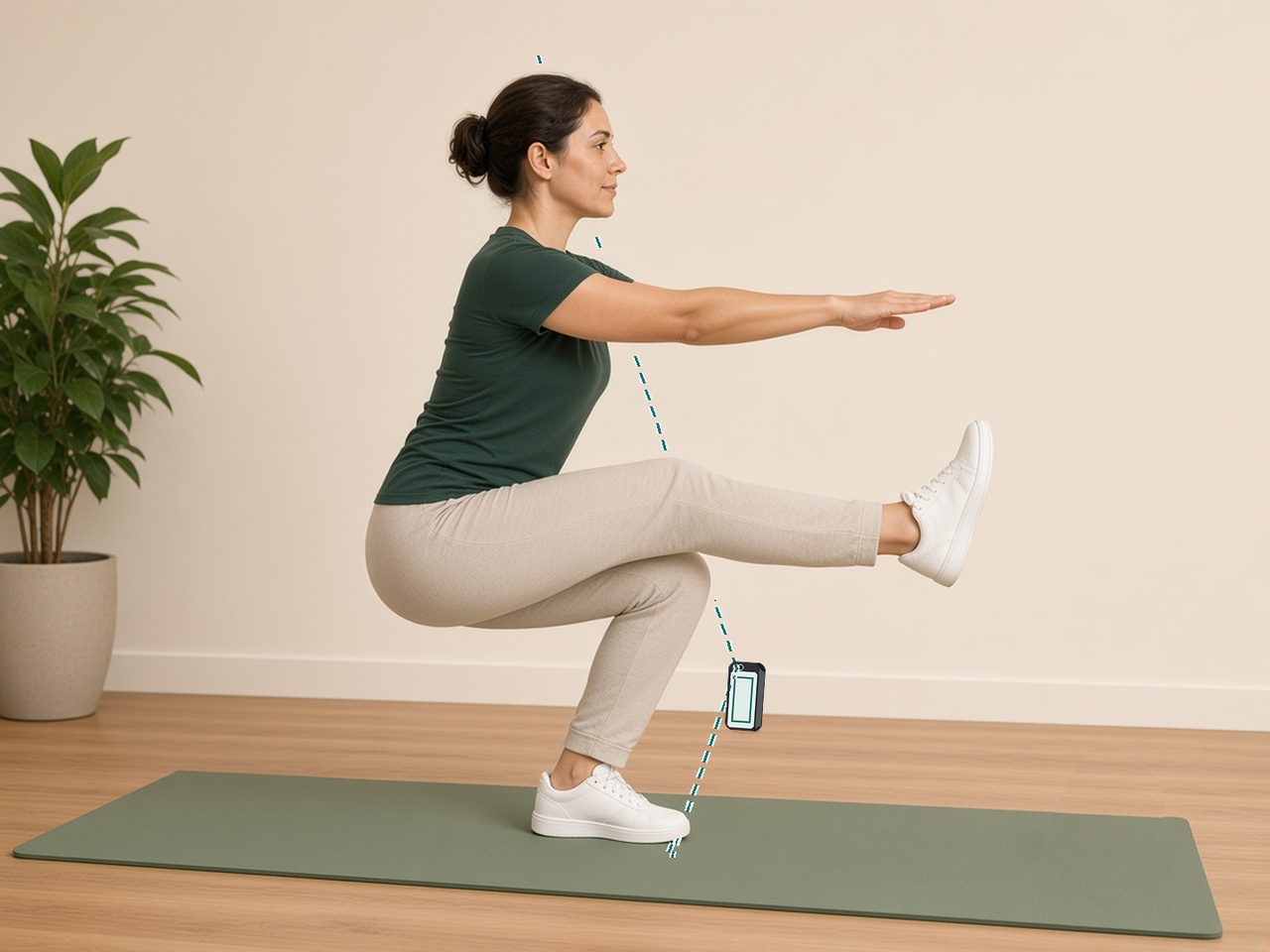 Setup illustration: an adult facing sideways, performing a single-leg squat beside an upright iPhone.